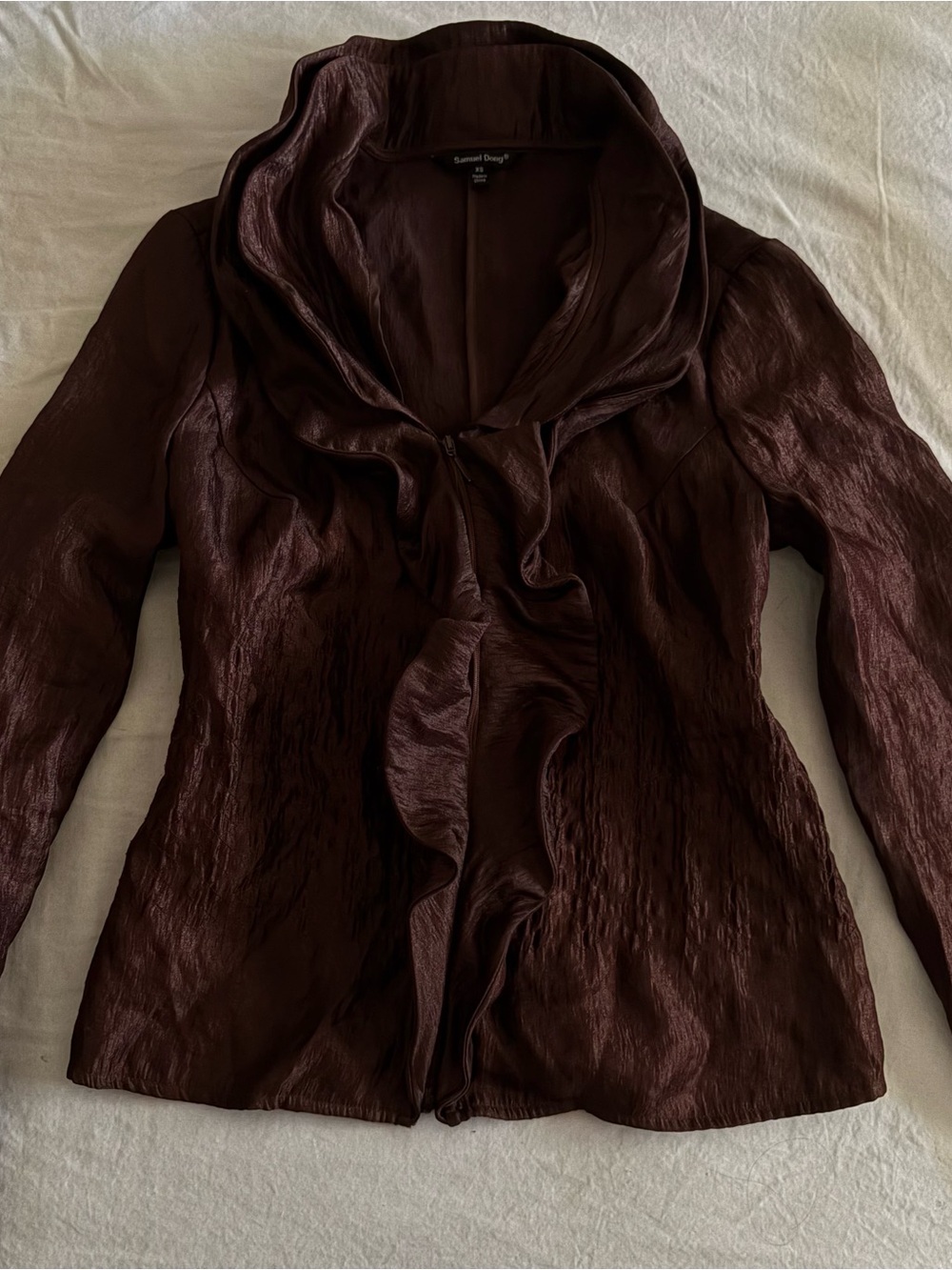 Samuel Dong Women's Ruffle-Front Jacket in Dark Brown